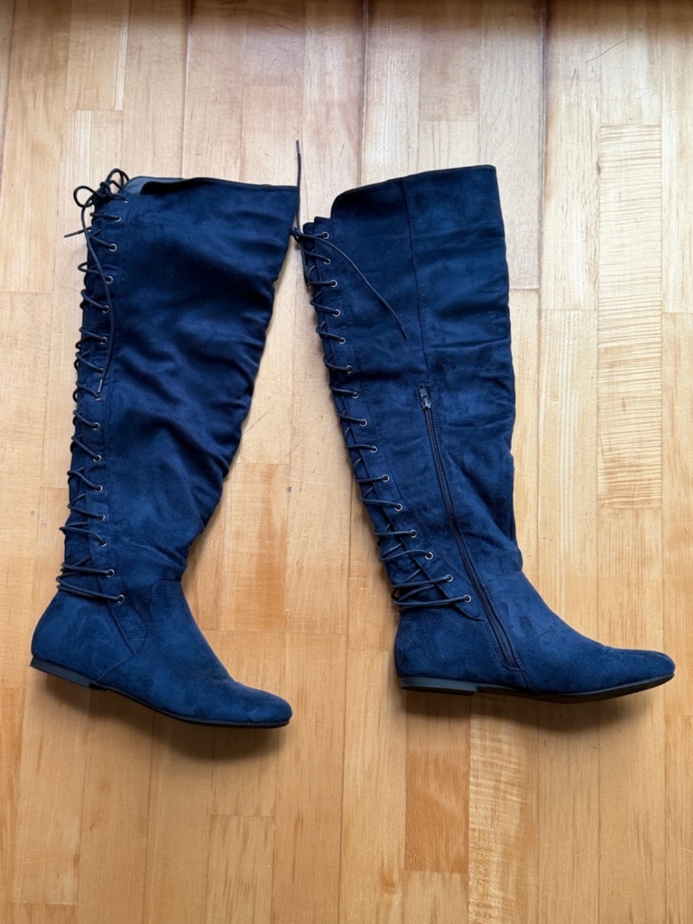 JustFab Marian Flat Lace-Up Over-the-Knee Boots in Navy Blue
